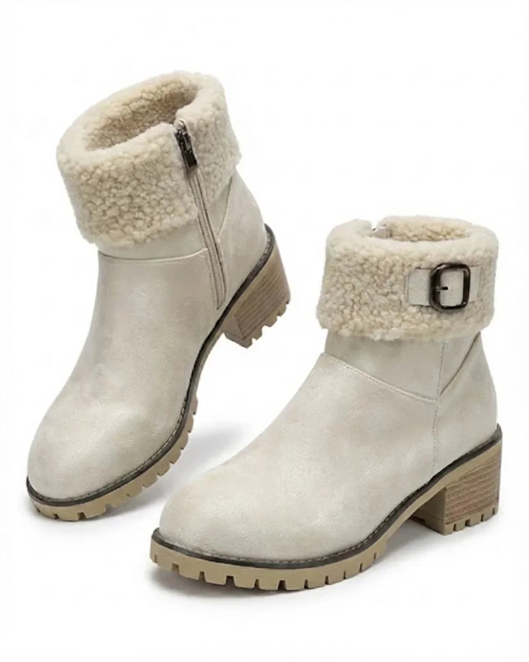 Mirella™ | Sherpa-cuff buckled side-zip heeled ankle boots