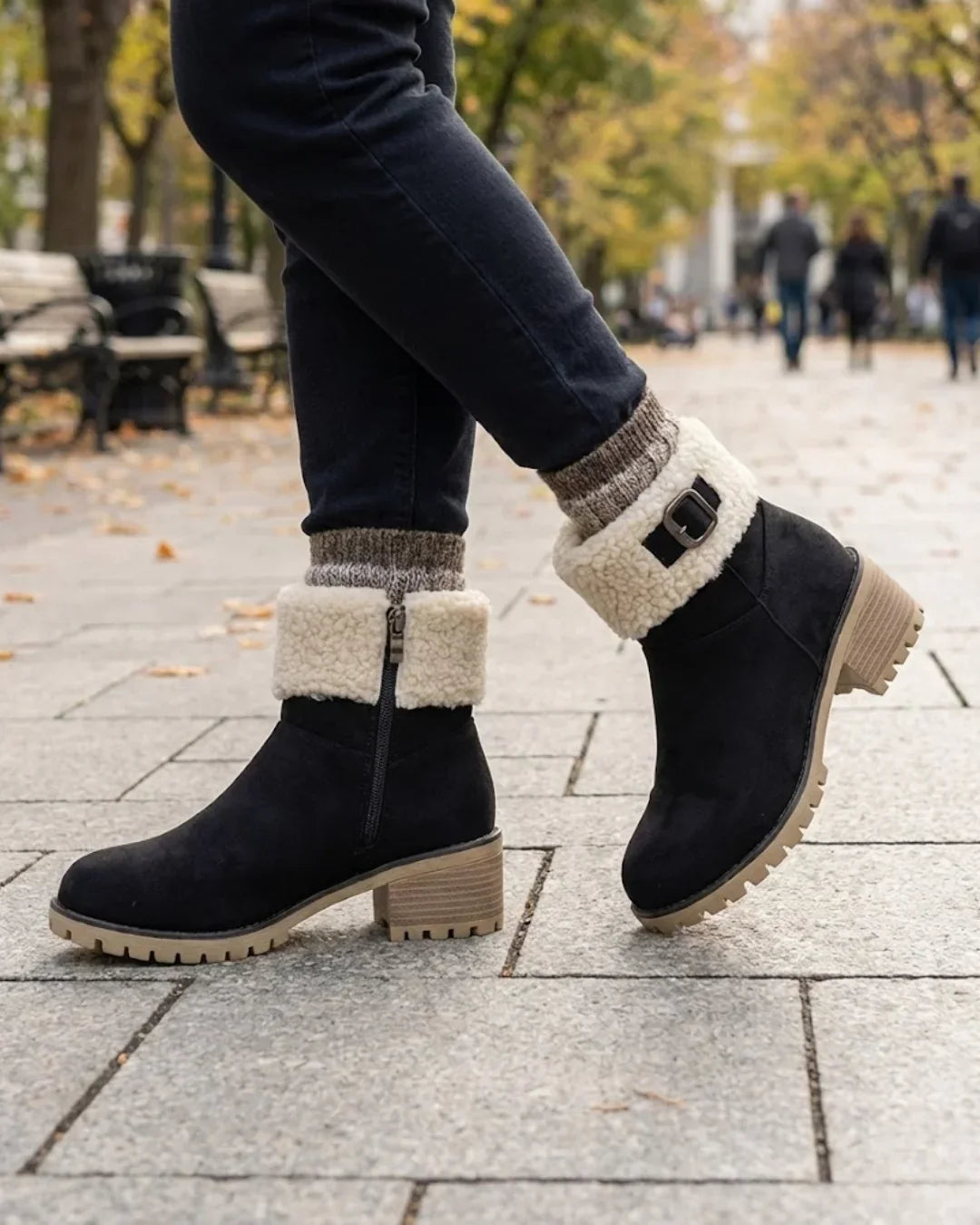 Mirella™ | Sherpa-cuff buckled side-zip heeled ankle boots