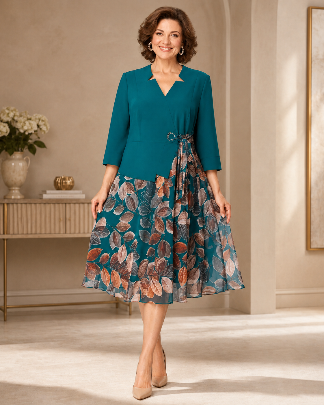 Elegant Faux Two-Piece Leaf Print Dress