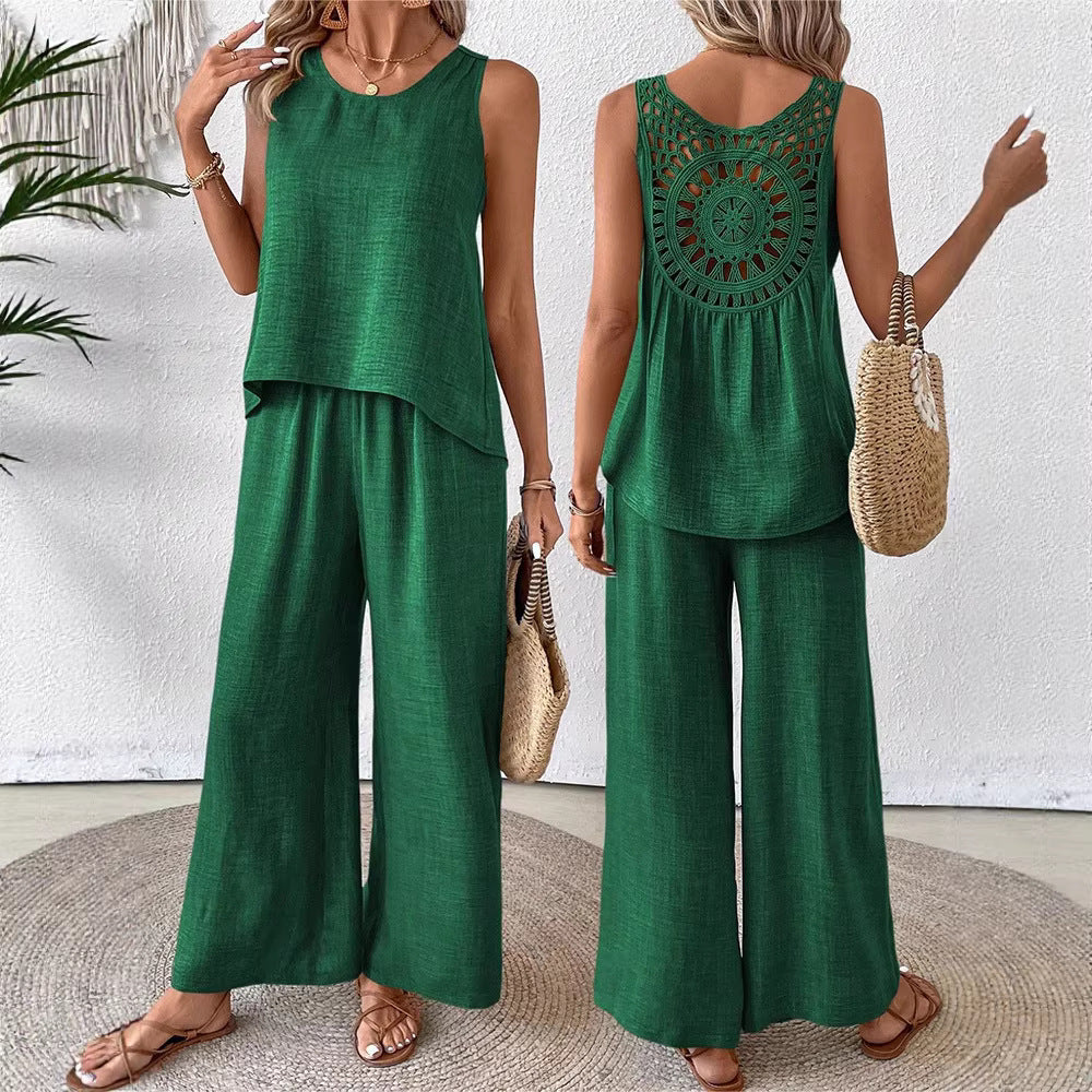 Elegant Crochet Back Wide Leg Set