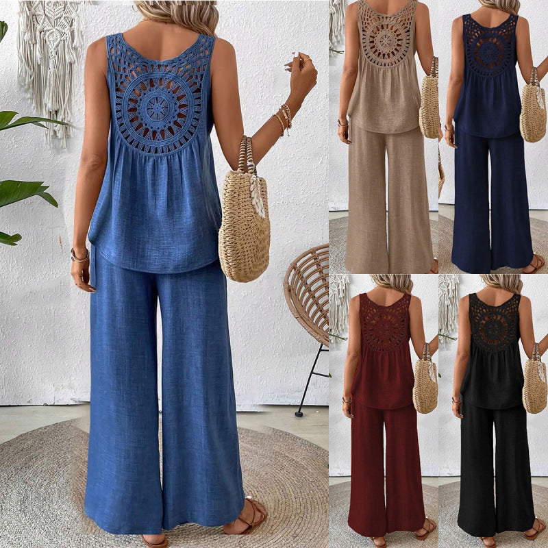 Elegant Crochet Back Wide Leg Set