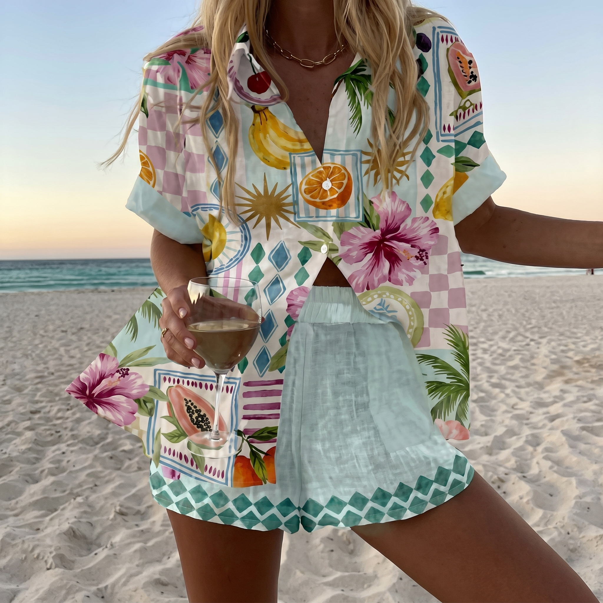 CoastalArt™ | Women's Printed Shirt & Shorts Beach Set
