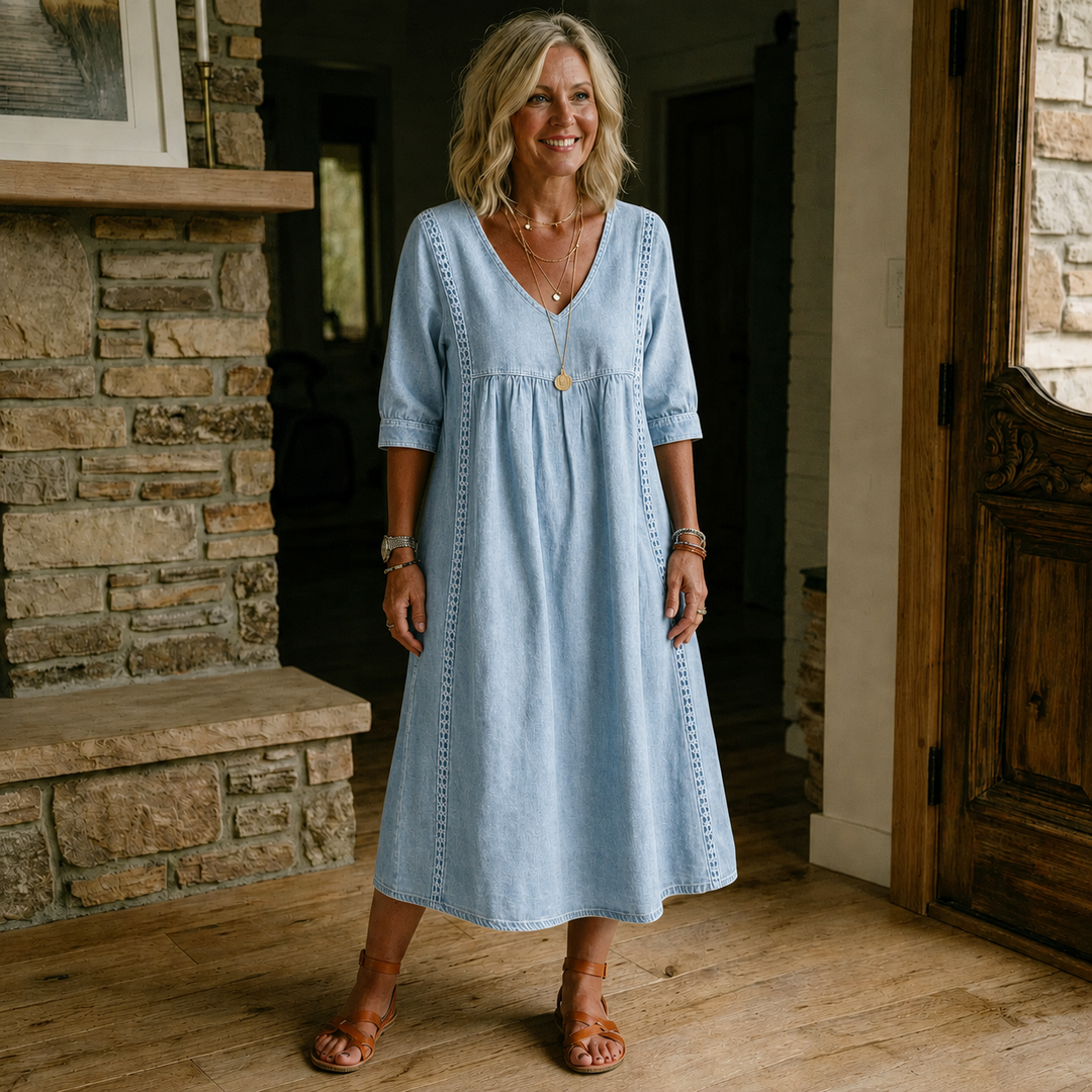 Women’s Lace Trim Denim Dress – Casual Loose Fit Vintage Denim Dress