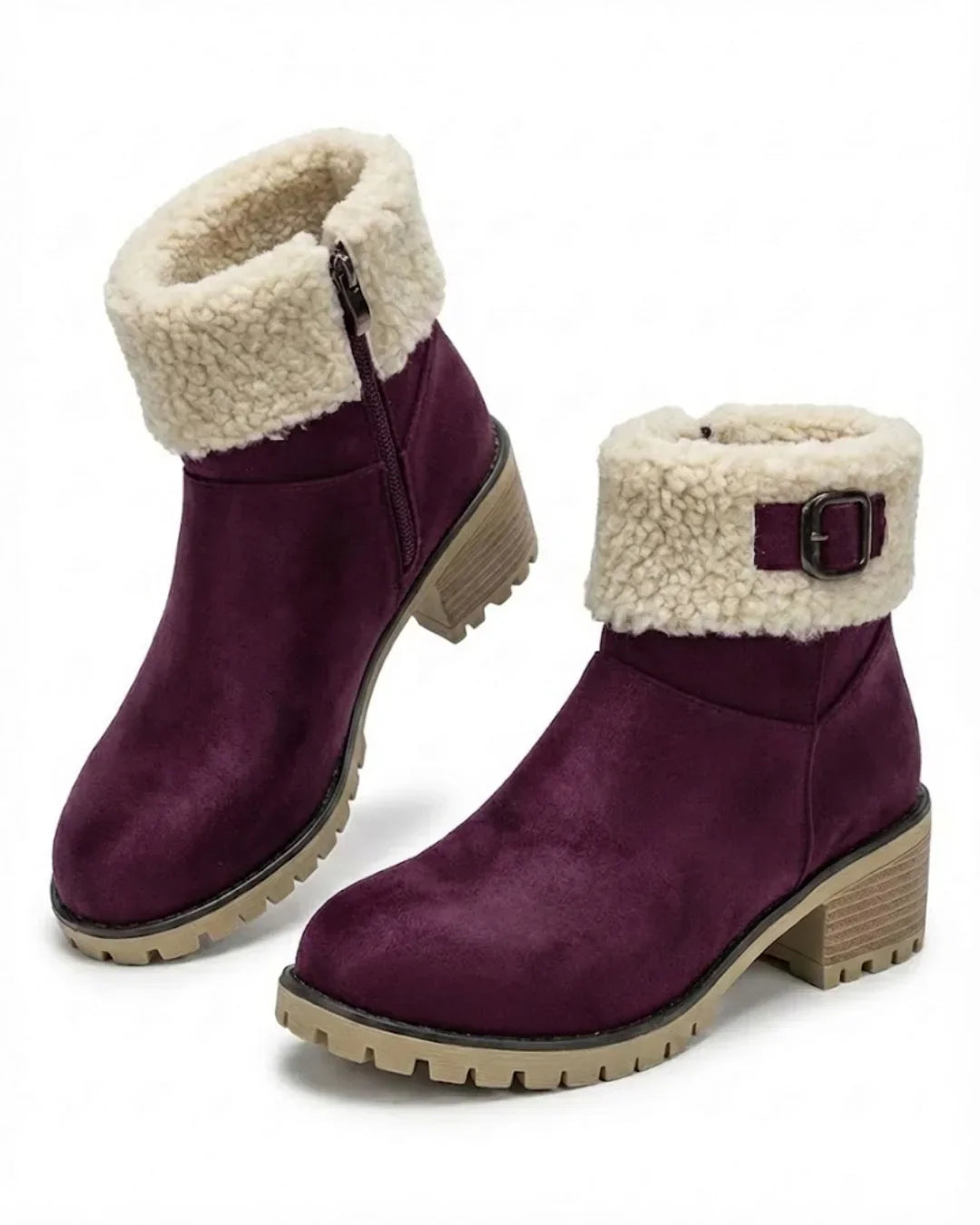 Mirella™ | Sherpa-cuff buckled side-zip heeled ankle boots