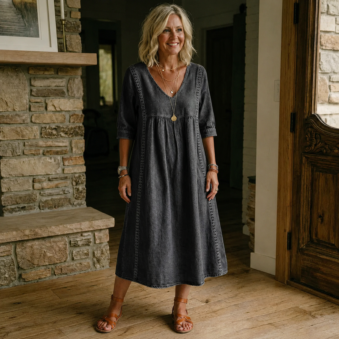Women’s Lace Trim Denim Dress – Casual Loose Fit Vintage Denim Dress