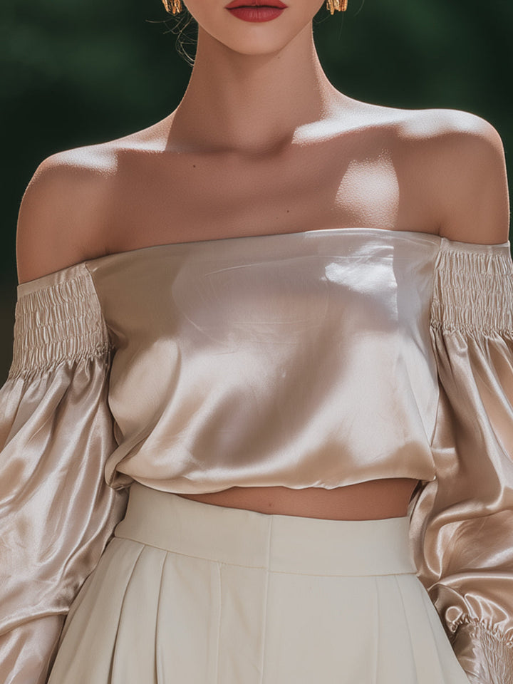 Silk-Feel Off-Shoulder Blouse With Smocked Sleeves