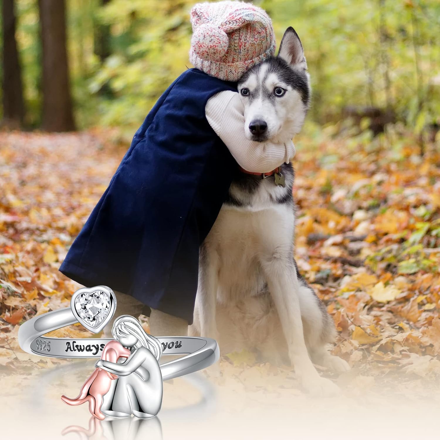 Adjustable Dog Ring  “Always in My Heart” with Zirconia