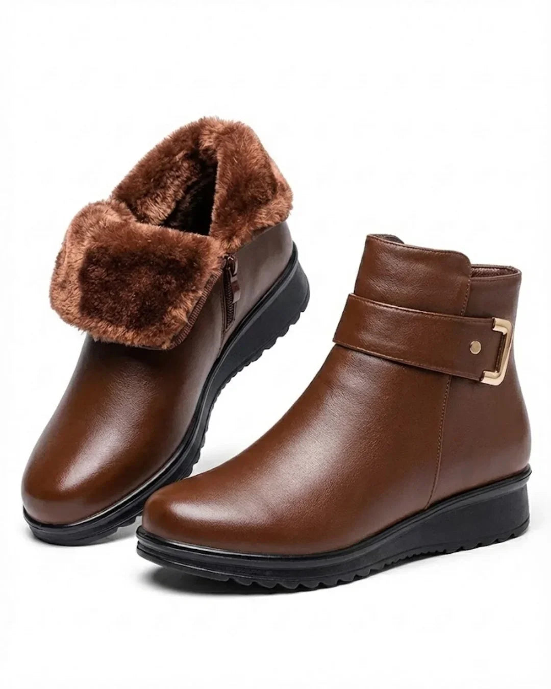 Avril™ | Side-zip buckle-strap plush-lined ankle boots