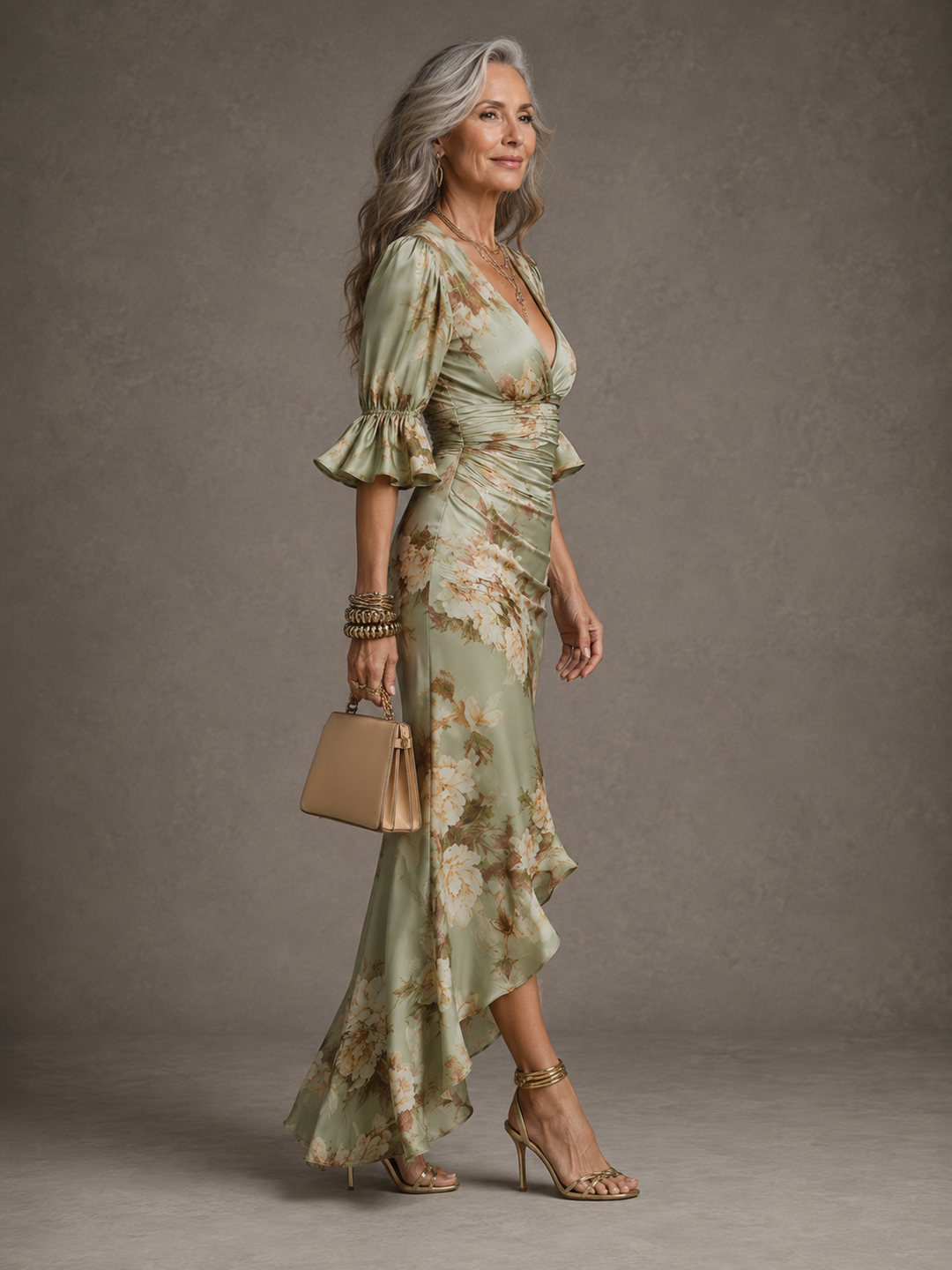 Anastasia | Asymmetrical Long Green Satin Dress
