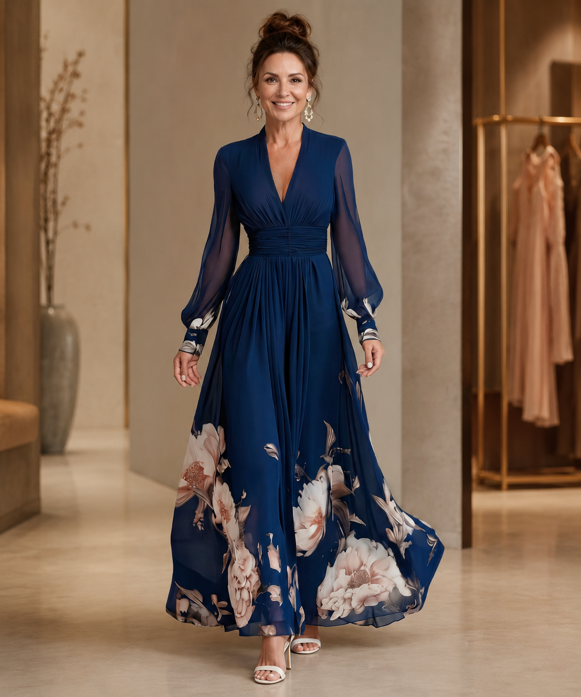 Ziva | Pleated Sheer Sleeves Maxi Dress