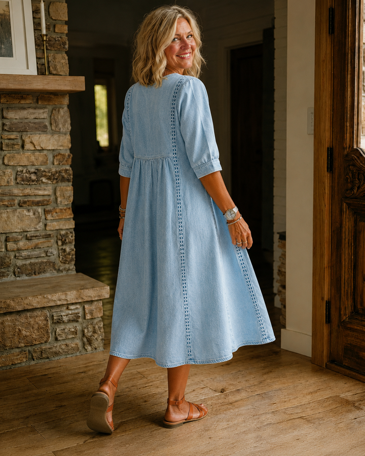 Women’s Lace Trim Denim Dress – Casual Loose Fit Vintage Denim Dress