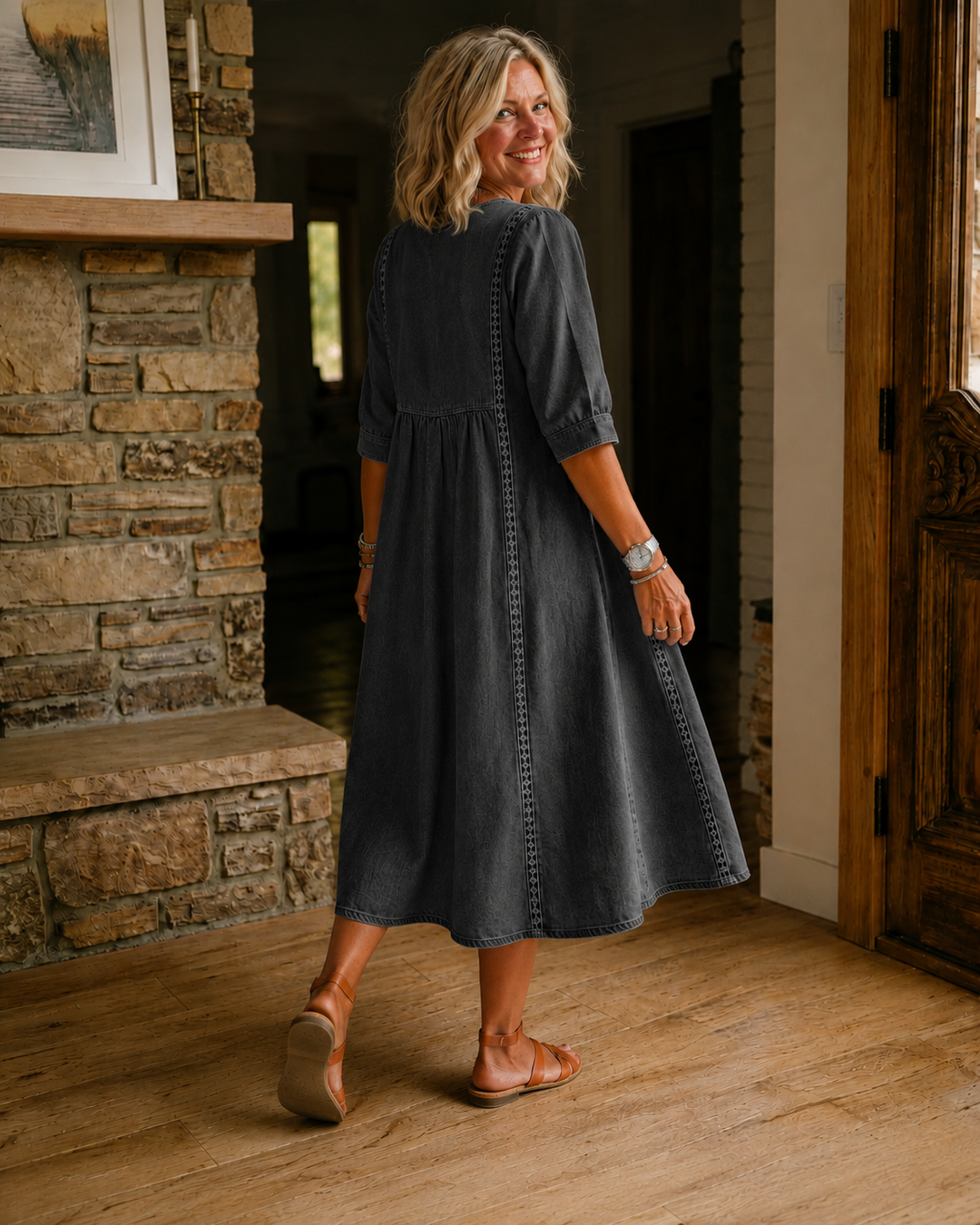 Women’s Lace Trim Denim Dress – Casual Loose Fit Vintage Denim Dress