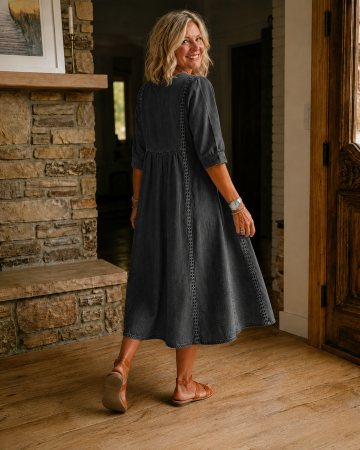 Women’s Lace Trim Denim Dress – Casual Loose Fit Vintage Denim Dress
