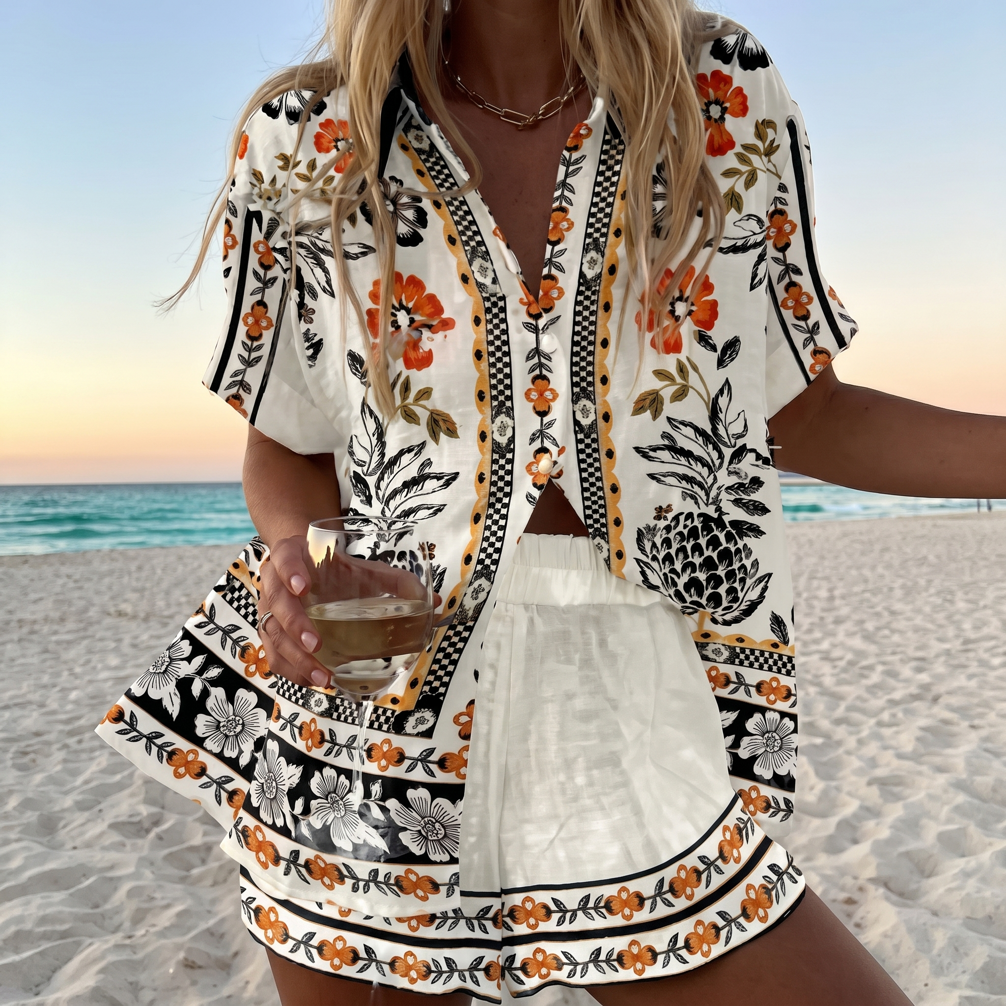 CoastalArt™ | Women's Printed Shirt & Shorts Beach Set