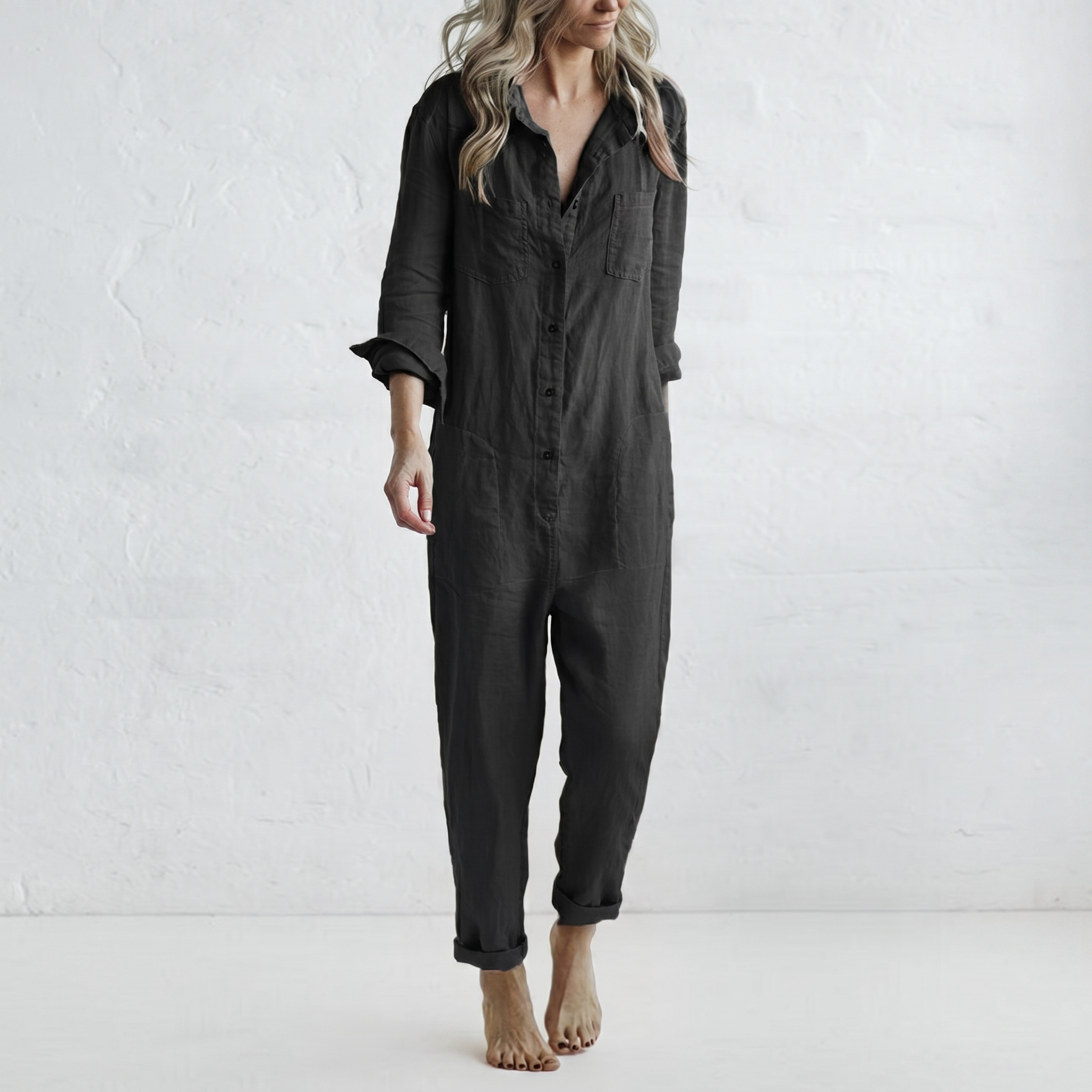 LooseStitch™ | Women's Long Sleeve Button-Down Jumpsuit