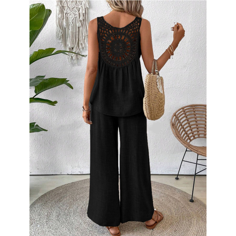 Elegant Crochet Back Wide Leg Set